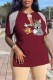 Burgundy Fashion Casual Character Tassel V Neck T-Shirts