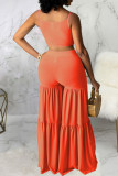 Tangerine Sexy Solid Patchwork Flounce With Bow Spaghetti Strap Sleeveless Two Pieces
