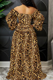 Tiger Pattern Fashion Sexy Print Slit Off the Shoulder Long Sleeve Dresses
