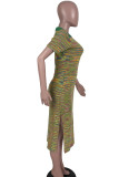 Colour Casual Print Patchwork Slit V Neck One Step Skirt Dresses