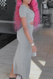 Grey Fashion Casual Solid Hollowed Out Slit V Neck Short Sleeve Dress