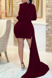 Red Fashion Sexy Solid Hollowed Out Patchwork O Neck Long Sleeve Dresses