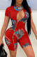 Red Fashion Sexy Print Hollowed Out Zipper O Neck Skinny Romper