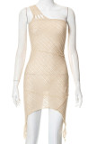 Apricot Fashion Sexy Solid Backless One Shoulder Irregular Dress