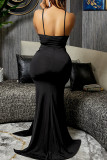Blue Fashion Sexy Solid Patchwork Backless Slit Spaghetti Strap Long Dress