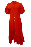 Red Casual Solid Patchwork Buckle Flounce Asymmetrical Half A Turtleneck Irregular Dress Dresses