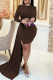 Brownness Fashion Sexy Solid Hollowed Out Patchwork O Neck Long Sleeve Dresses