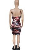 Red Sexy Print Patchwork Spaghetti Strap Sling Dress Dresses