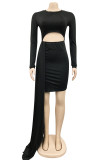 Red Fashion Sexy Solid Hollowed Out Patchwork O Neck Long Sleeve Dresses