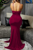 Blue Fashion Sexy Solid Patchwork Backless Slit Spaghetti Strap Long Dress