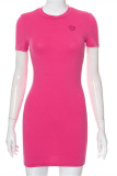 Rose Red Fashion Casual Solid Embroidered O Neck Short Sleeve Dress