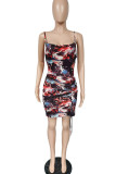 Red Sexy Print Patchwork Spaghetti Strap Sling Dress Dresses