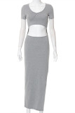 Grey Fashion Casual Solid Hollowed Out Slit V Neck Short Sleeve Dress