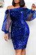 Deep Blue Fashion Sexy Patchwork Sequins See-through Backless Off the Shoulder Long Sleeve Dresses