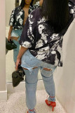 Apricot Casual Street Print Patchwork Buckle Turndown Collar Tops