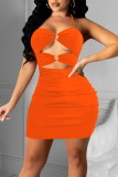 Tangerine Sexy Solid Hollowed Out Patchwork Fold Halter Pencil Skirt Dresses