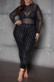 Black Fashion Sexy Patchwork Hot Drilling See-through O Neck Skinny Jumpsuits