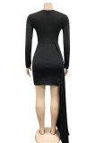 Red Fashion Sexy Solid Hollowed Out Patchwork O Neck Long Sleeve Dresses