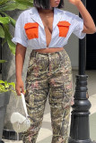 White Fashion Casual Solid Patchwork Turndown Collar Tops