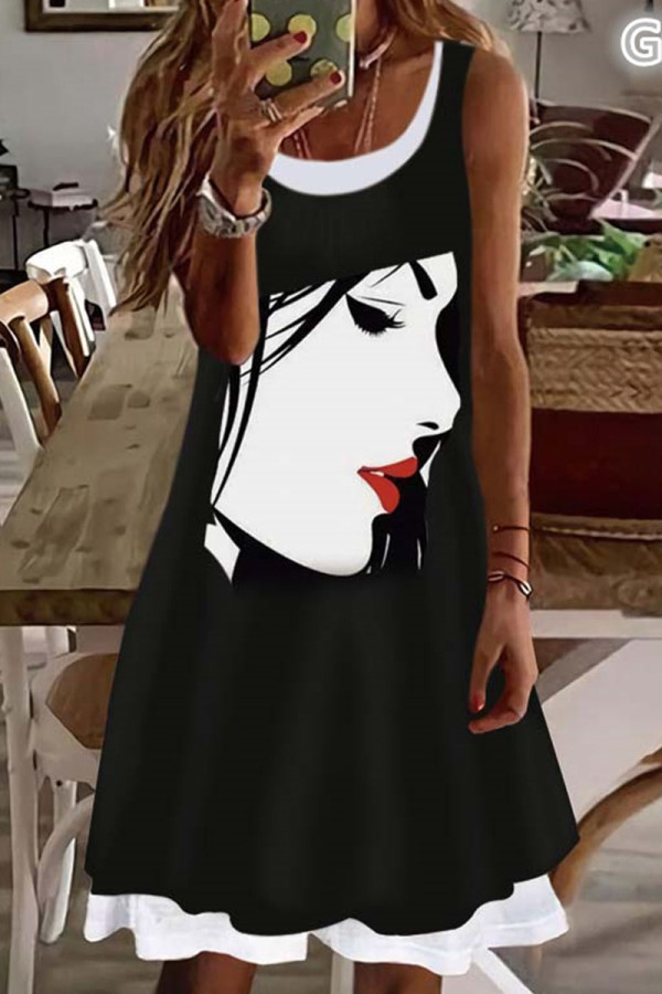 Grey Casual Print Patchwork U Neck Vest Dress Dresses