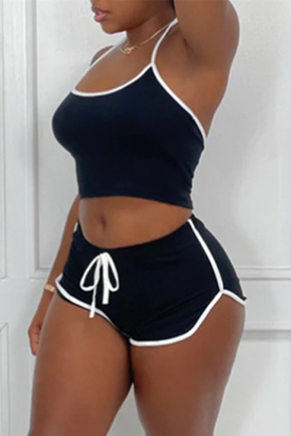 Black Fashion Casual Solid Patchwork Backless Halter Sleeveless Two Pieces