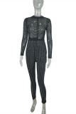 Black Fashion Sexy Patchwork Hot Drilling See-through O Neck Skinny Jumpsuits