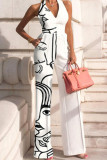 Black Casual Print Bandage Patchwork Backless Straight Jumpsuits