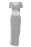 Grey Fashion Casual Solid Hollowed Out Slit V Neck Short Sleeve Dress