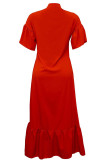 Red Casual Solid Patchwork Buckle Flounce Asymmetrical Half A Turtleneck Irregular Dress Dresses