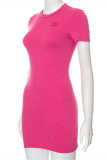 Rose Red Fashion Casual Solid Embroidered O Neck Short Sleeve Dress