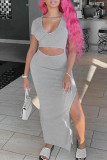 Grey Fashion Casual Solid Hollowed Out Slit V Neck Short Sleeve Dress