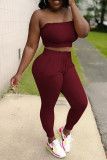 Burgundy Sexy Casual Solid Backless Strapless Two Pieces
