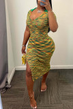 Colour Casual Print Patchwork Slit V Neck One Step Skirt Dresses