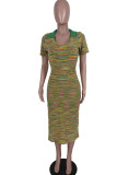 Colour Casual Print Patchwork Slit V Neck One Step Skirt Dresses