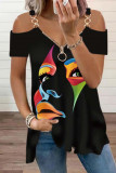 Red Casual Print Patchwork Spaghetti Strap T-Shirts