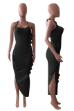 Black Sexy Solid Flounce Spaghetti Strap Irregular Dress Dresses