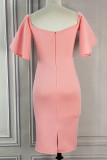 Pink Fashion Sexy Solid Patchwork Backless Off the Shoulder Evening Dress Dresses