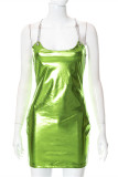 Green Fashion Sexy Solid Patchwork Chains Backless Spaghetti Strap Sleeveless Dress Dresses