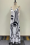 White Sexy Casual Print Backless V Neck Sling Dress