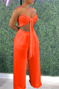 Tangerine Red Sexy Solid Bandage Strapless Sleeveless Two Pieces