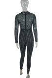 Black Fashion Sexy Patchwork Hot Drilling See-through O Neck Skinny Jumpsuits