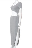 Grey Fashion Casual Solid Hollowed Out Slit V Neck Short Sleeve Dress