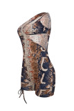 Grey Fashion Sexy Print Hollowed Out Backless One Shoulder Skinny Romper