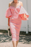 Pink Fashion Sexy Solid Patchwork Backless Off the Shoulder Evening Dress Dresses