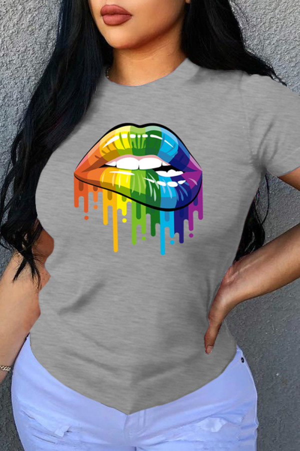 Grey Fashion Casual Lips Printed Patchwork O Neck T-Shirts