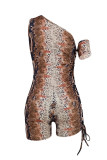 Grey Fashion Sexy Print Hollowed Out Backless One Shoulder Skinny Romper