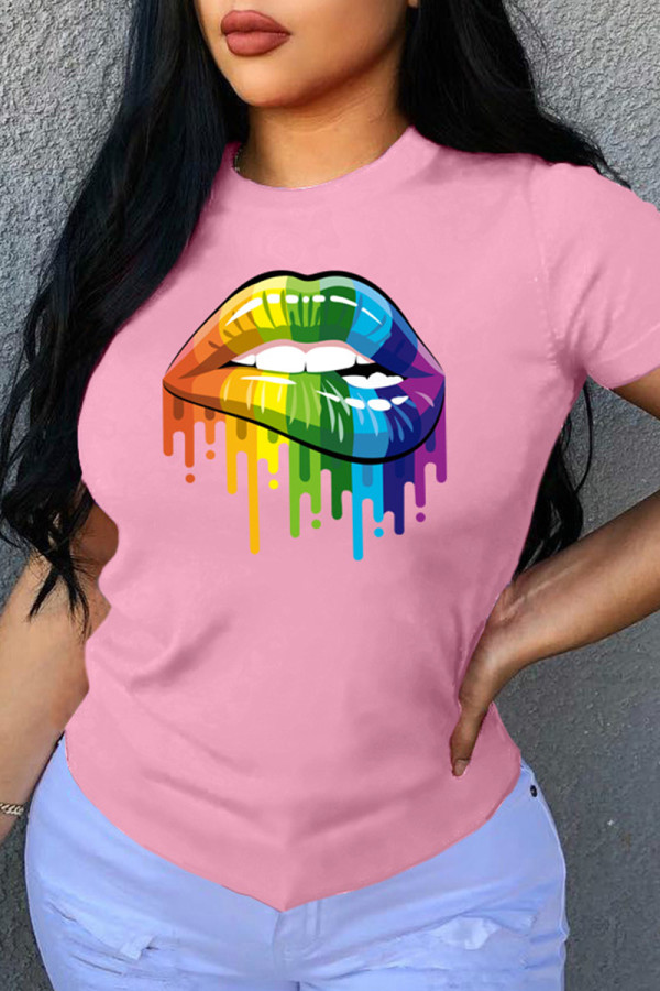 Pink Fashion Casual Lips Printed Patchwork O Neck T-Shirts