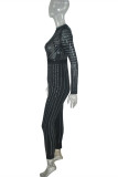 Black Fashion Sexy Patchwork Hot Drilling See-through O Neck Skinny Jumpsuits
