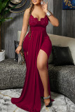 Blue Fashion Sexy Solid Patchwork Backless Slit Spaghetti Strap Long Dress