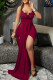 Burgundy Fashion Sexy Solid Patchwork Backless Slit Spaghetti Strap Long Dress